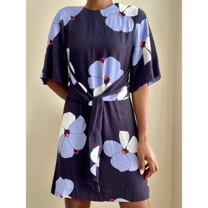 Ann Taylor Orchid Midnight Navy Blue Tie Waist Dress Size 12